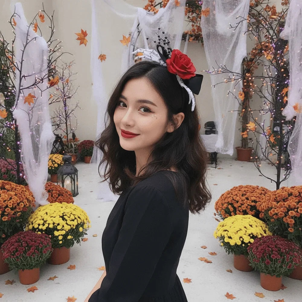 Red Rose Skeleton Hand Headband – Gothic Flower Hairband Halloween Headband Qme
