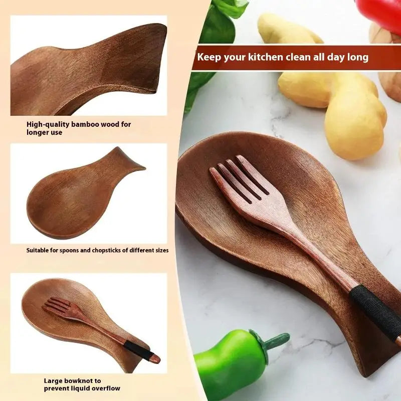 Wooden Spoon Rest & Spatula Holder | Kitchen Counter Rack Utensil Holder Rack Qme