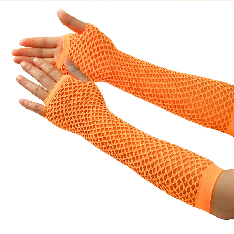 Women's Long Fishnet Fingerless Gloves – Punk Rock Arm Warmers Fishnet Arm Warmers Qst Orange