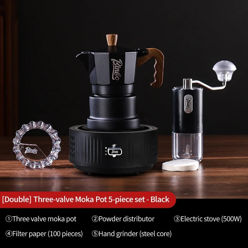 Bincoo 3-Valve Moka Pot Espresso Set with Grinder & Stove Espresso Coffee Set Qst black