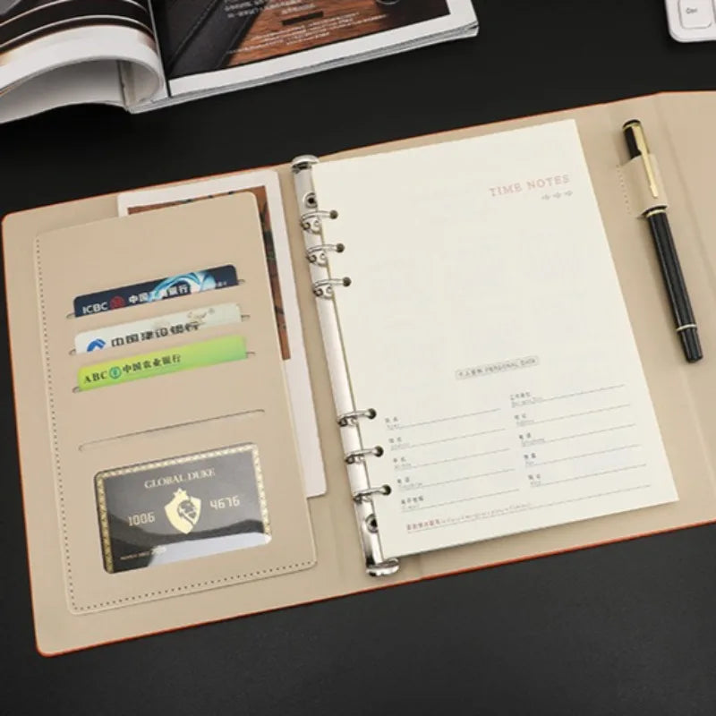 A5 6-Ring Binder Lined Paper Storage Pocket & Card Holder Ring Binder Planner Qme