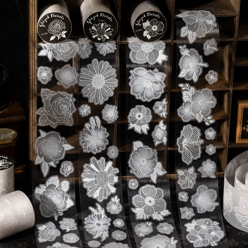 White Ink Floral Washi Tape Stickers | Tracing Paper Journal Journal Washi Stickers Qme