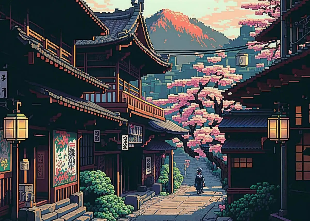 Japan Pixel Street Landscape Canvas Wall Art Print | Home Decor Canvas Wall Art Qst I 50X70cm No Framed