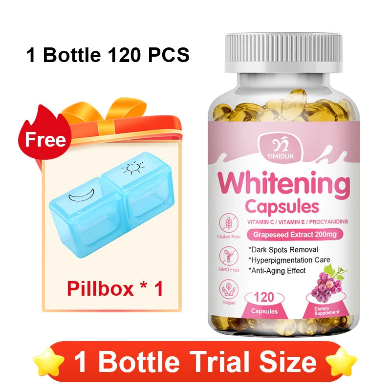 Yimiduk Brightening Capsules – Vitamin C, Grape Seed & Collagen Skin Brightening Supplement Qst 120pcs - Trial
