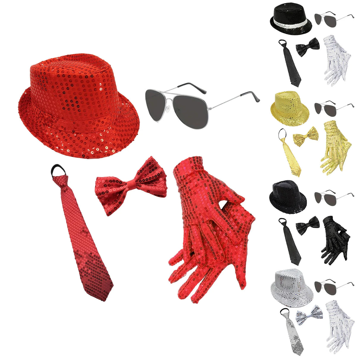 Sequin Light-Up Necktie & Flashing Fedora Hat Set – 5 Colors Costume Necktie Set Qme