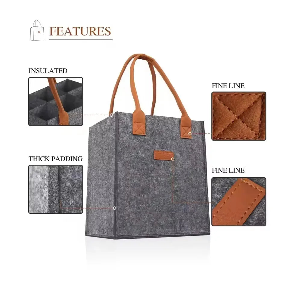 6-Bottle Felt Wine Carrier Tote Bag with Dividers & Handle Wine Carrier Tote Qme