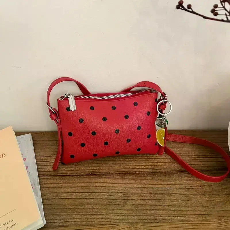 PU Leather Crossbody Bag – Polka Dot & Fruit Charm | Qme Crossbody Handbag Qme