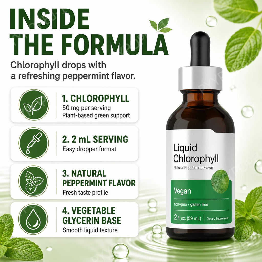 Liquid Chlorophyll Drops 50mg | Peppermint | Vegan 2 Fl Oz Liquid Supplement Drops Qst