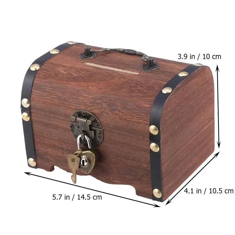 Vintage Wooden Treasure Chest Piggy Bank with Lock Decorative Piggy Bank Qme