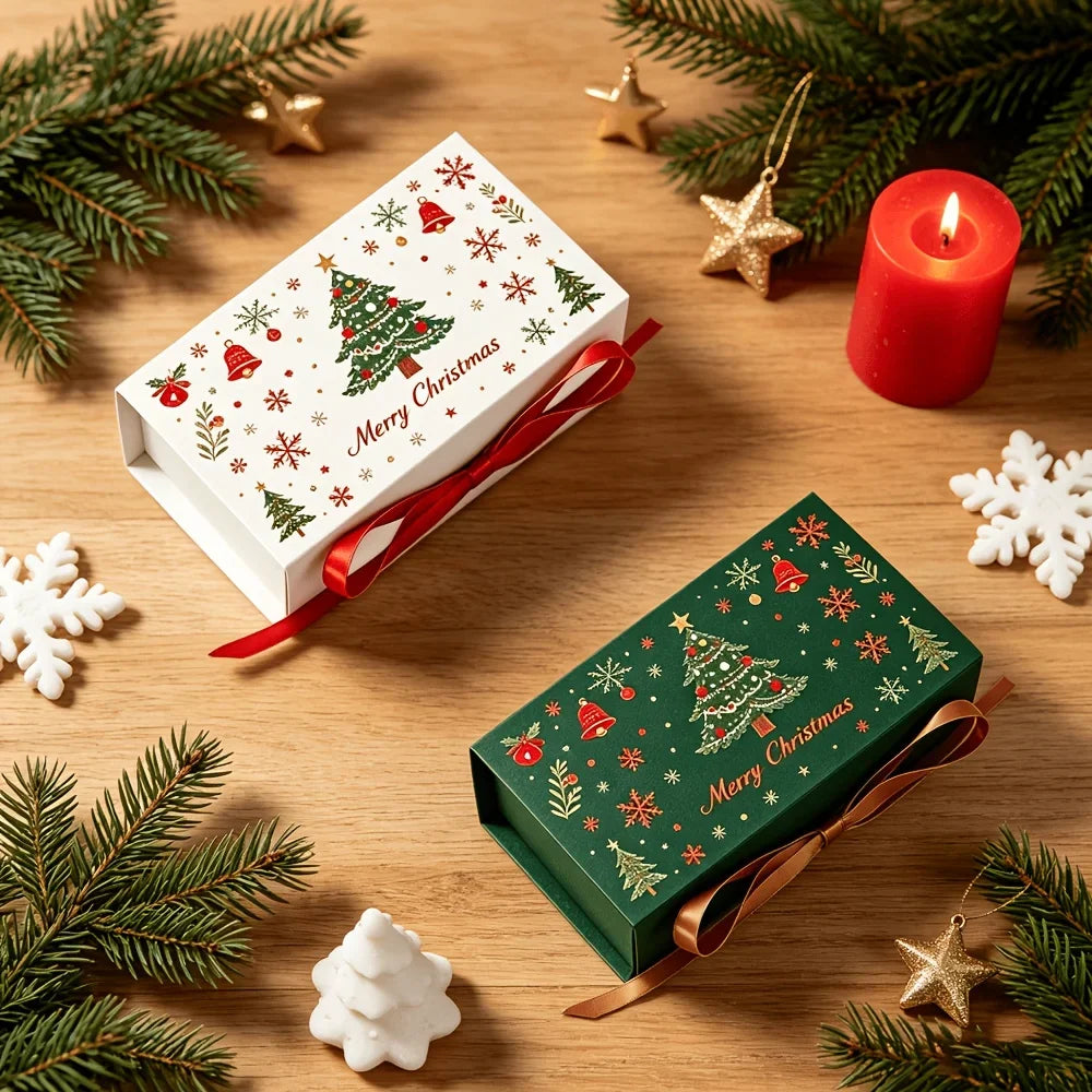 Christmas Gift Boxes with Ribbon – Snowflake & Tree Print, 10pk Christmas Gift Boxes Qme