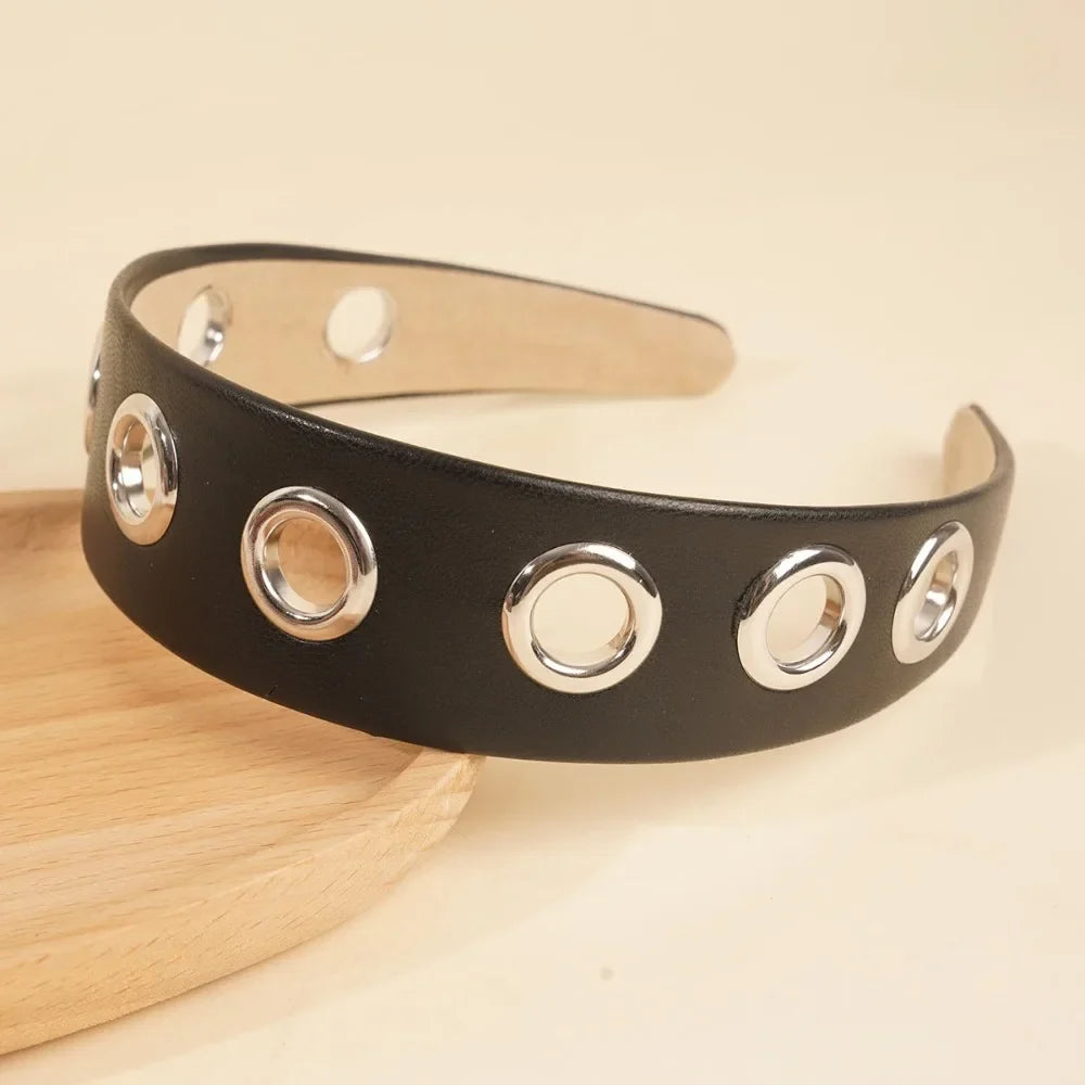 Y2K Hollow Metal Headband Ring – Stretchy Eyelet Wide Band Hair Headband Qme Black