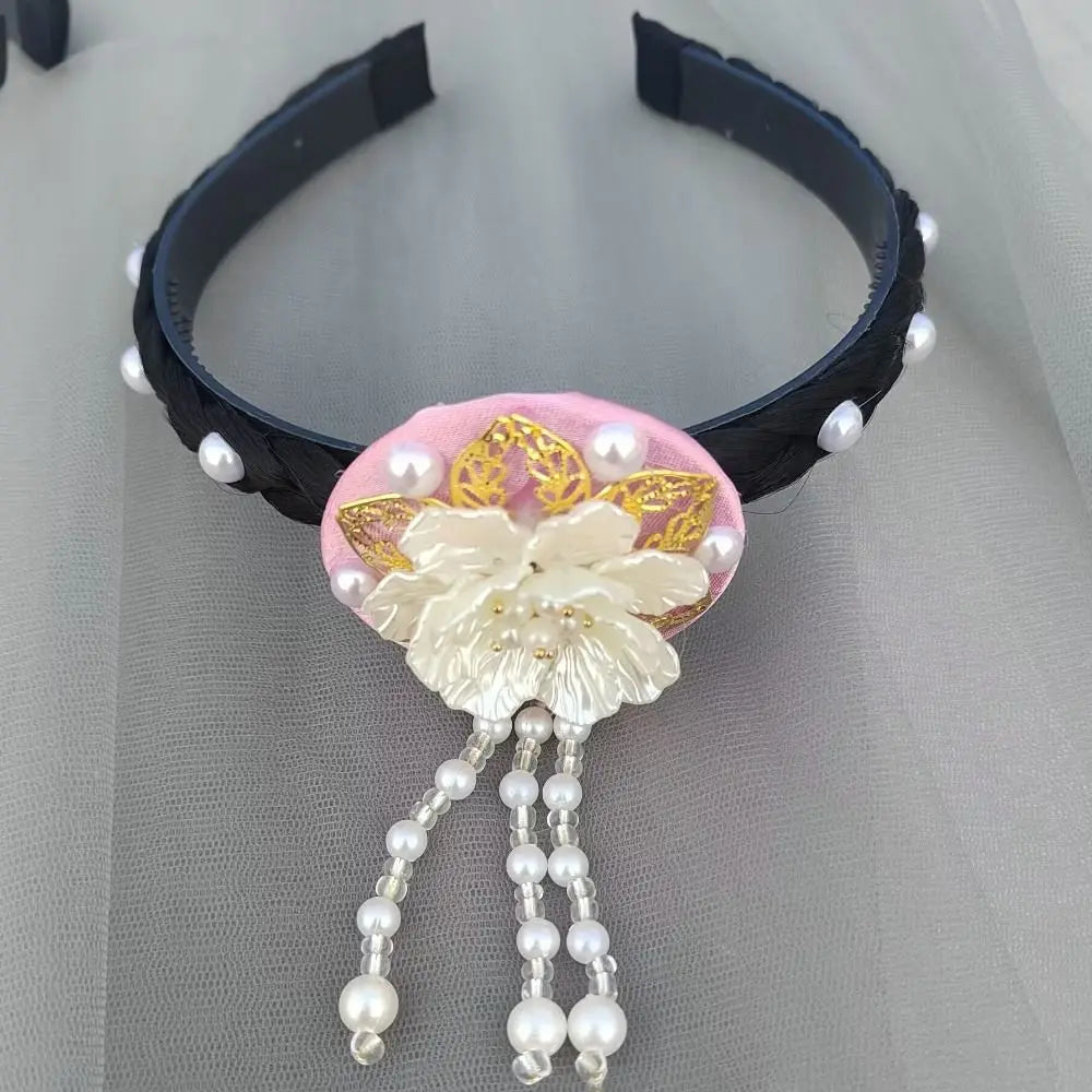 Korean Hanbok Flower Headband – Beaded Pearl Tassel Hairband Beaded Hair Headband Qme