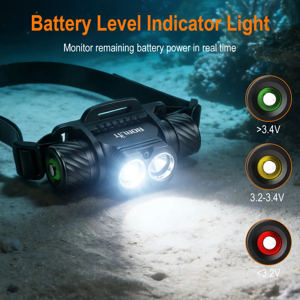 BORUiT 1400LM IP68 Waterproof Diving Headlamp SST40 LED Diving Headlamp Qst