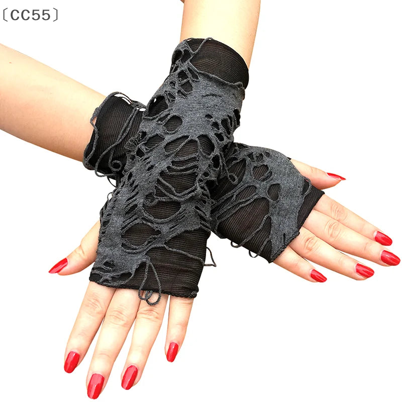 Distressed Black Fingerless Gloves – Gothic Punk Cosplay Fingerless Gloves Qst