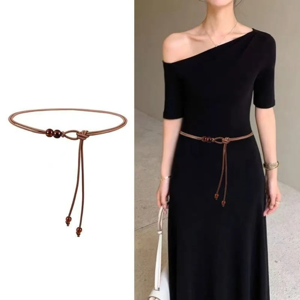 Retro Slim Rope Waist Chain – Adjustable Bead Leather Belt Rope Waist Belt Qme