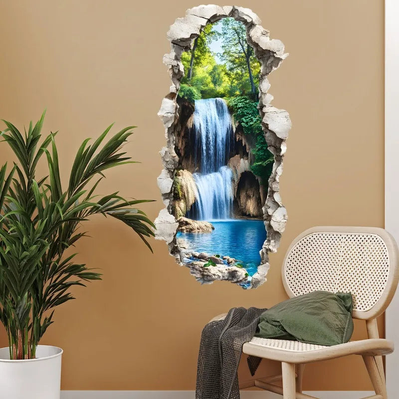 3D Waterfall Forest Wall Sticker – Peel & Stick Waterproof Decal Wall Decal Sticker Qme