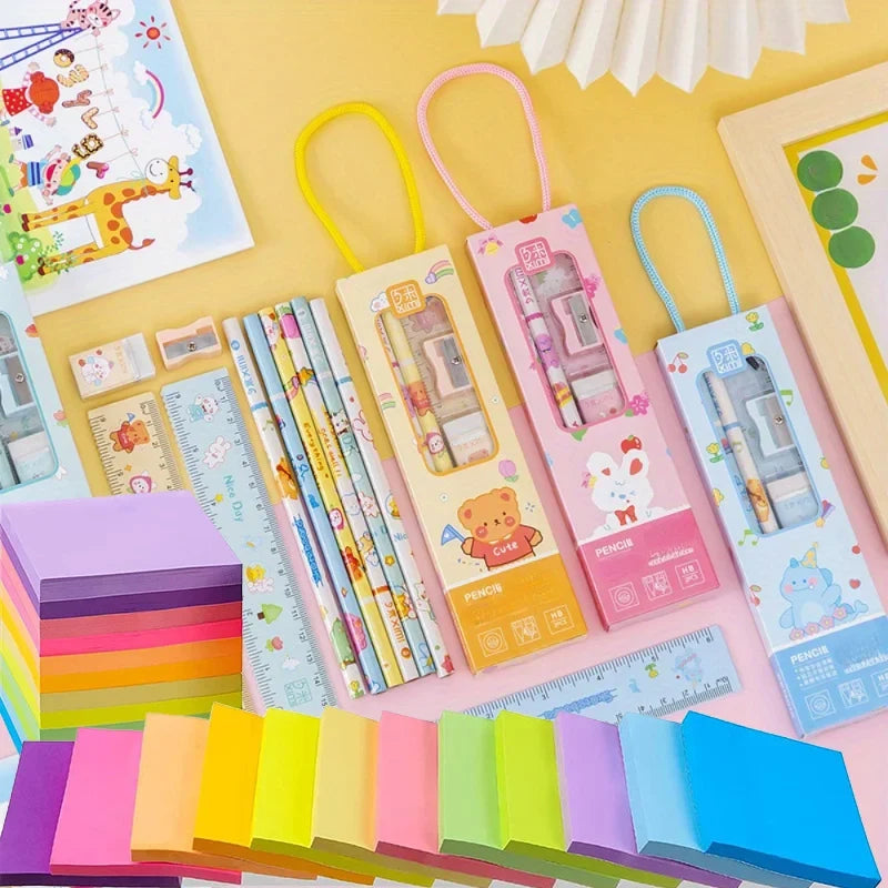 5-in-1 Pencil Set with Fluorescent Sticky Notes | Birthday Gift Stationery Gift Set Qme