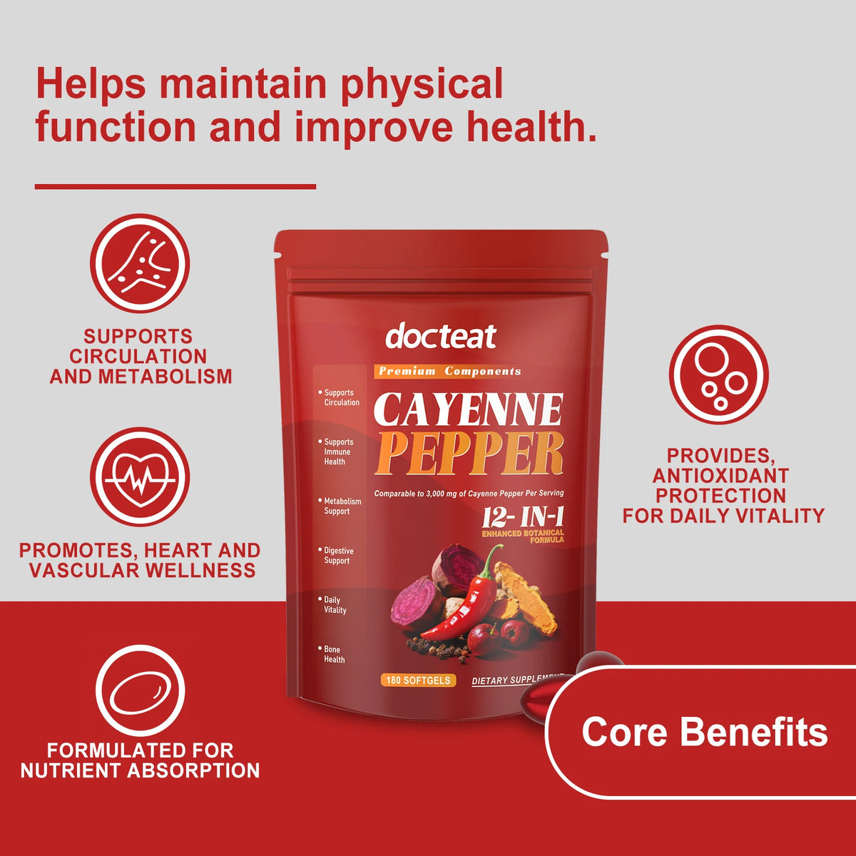 Cayenne Pepper Softgels – Cardiovascular & Energy Support 180ct Herbal Supplement Qst