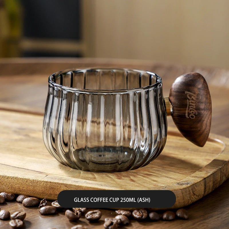 Striped Borosilicate Glass Coffee Mug with Wooden Handle Glass Coffee Mug Qst Smoke Gray 250ml China Mainland