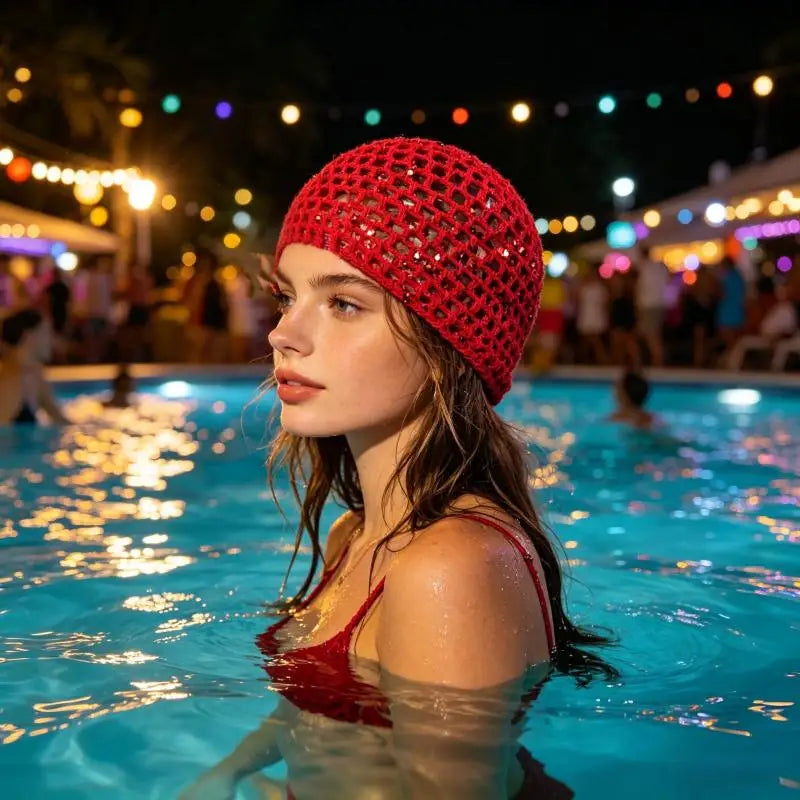 Women's Y2K Sequin Knitted Bucket Hat – Hollow Crochet Style Knitted Bucket Hat Qst Red