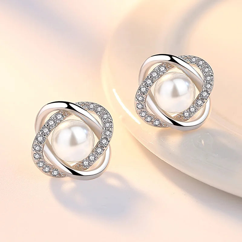 925 Sterling Silver Pearl Crystal Stud Earrings for Women Pearl Crystal Stud Earrings Qme