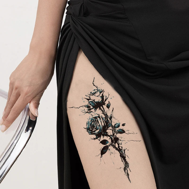 Blue Rose Leg Temporary Tattoo Stickers – Realistic & Colorful Temporary Tattoo Sticker Qme