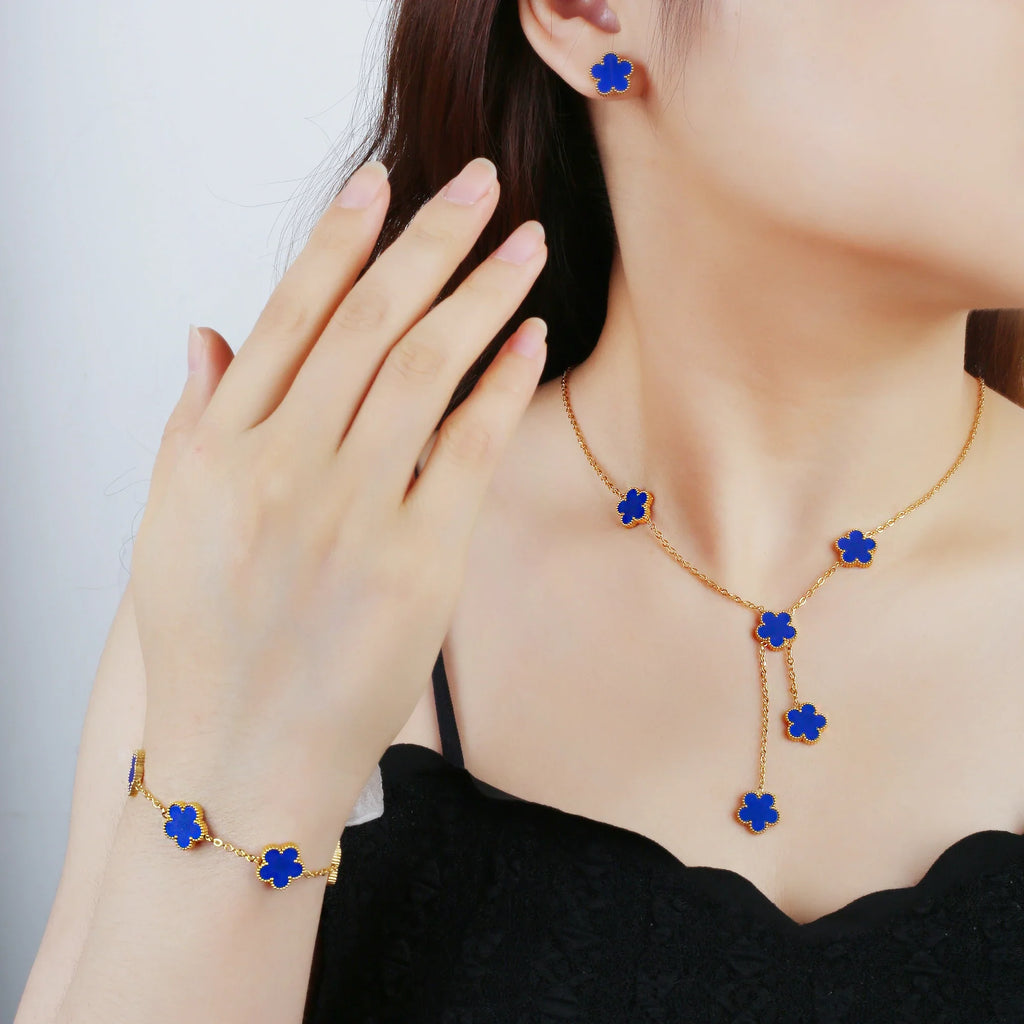 Five Leaf Flower Stainless Steel Bracelet Necklace Earrings Set Jewelry Set Qme