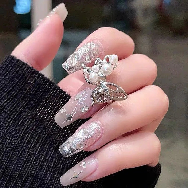 Silver Hollow Butterfly Pearl Open Adjustable Ring Fashion Ring Qme