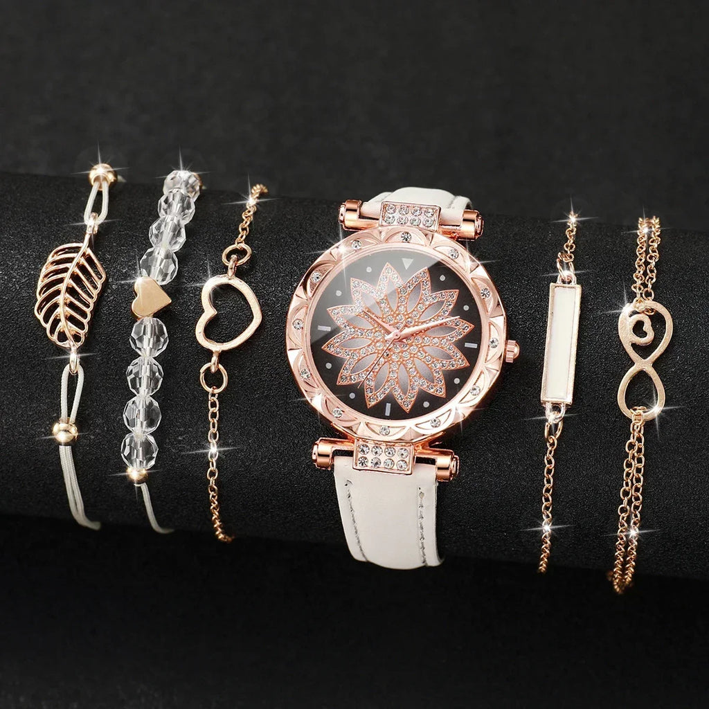 Women's Quartz Watch PU Leather Strap & Bracelet Set Bracelet Watch Set Qme