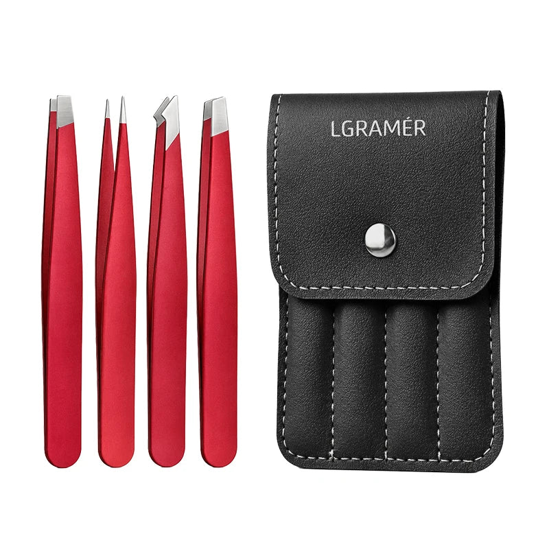 4-Piece Stainless Steel Eyebrow Tweezers Set with PU Case Eyebrow Tweezers Set Qst Red