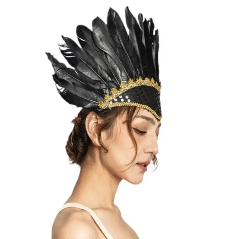 Feathered Headdress Headband – Stage & Festival Costume Costume Headband Qst Black