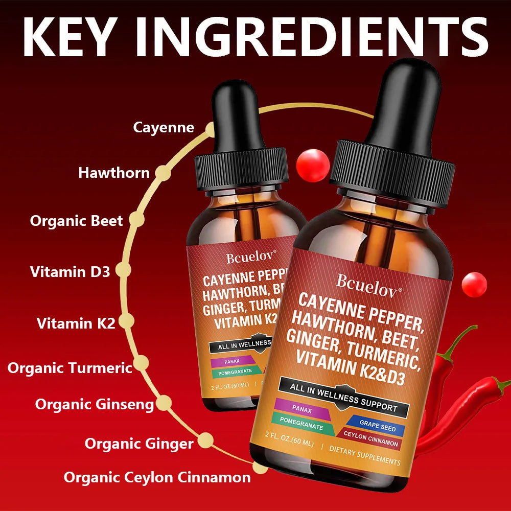 Cayenne Pepper Liquid Drops – D3 K2, Turmeric & Ginseng Herbal Liquid Supplement Qst