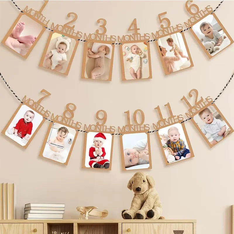 Baby 1st Birthday Photo Banner – 12 Months Kraft Bunting Garland Party Banner Decoration Qst