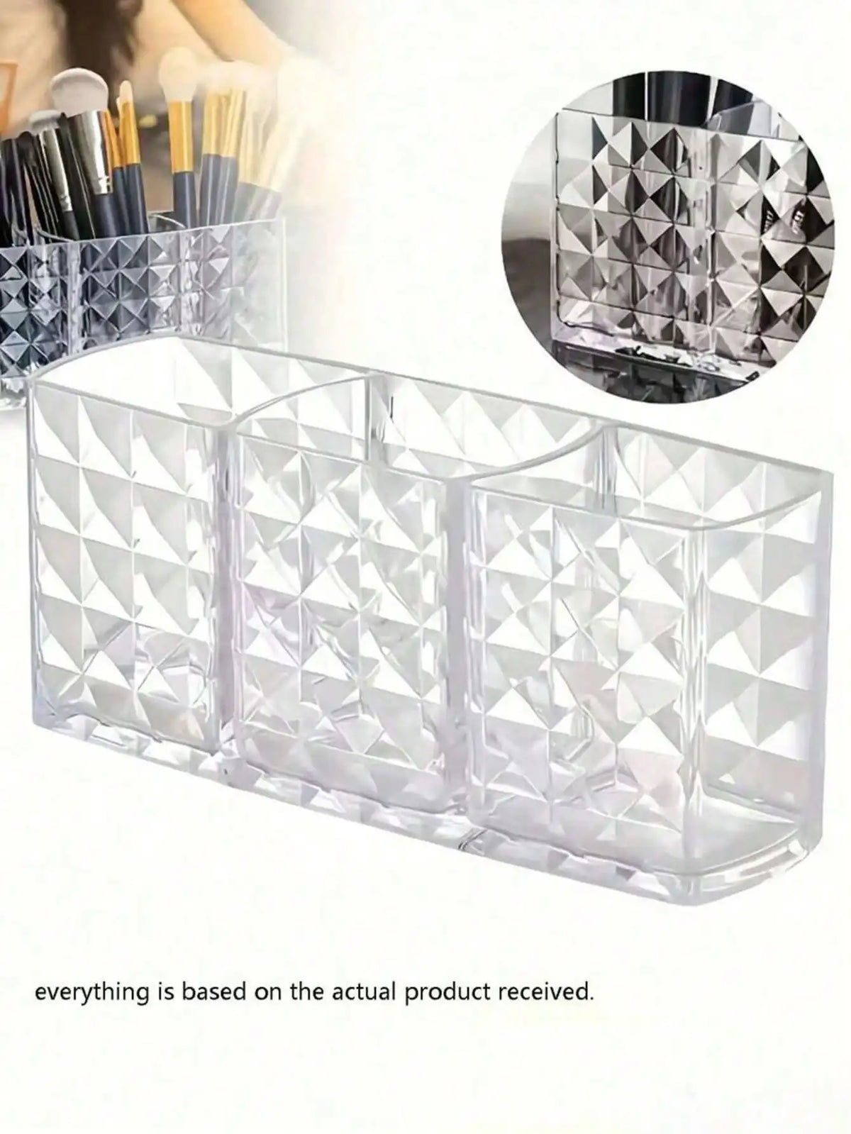 Clear Acrylic Makeup Brush Organizer – 3 Compartments Makeup Brush Organizer Qme 1pc