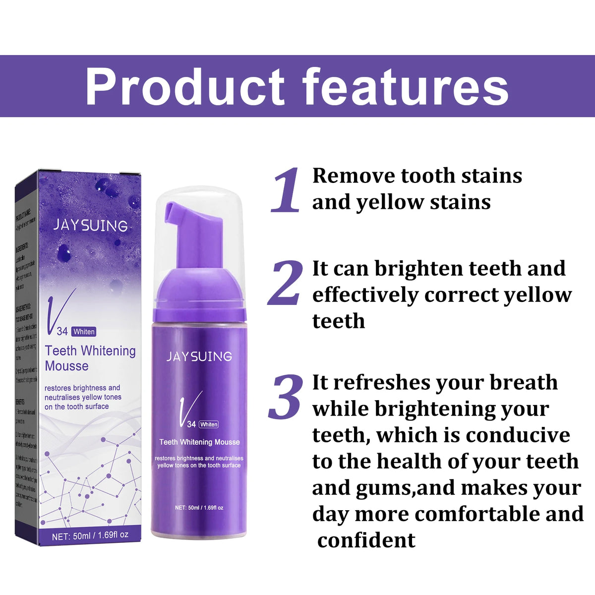 V34 Whitening Toothpaste Foam Mousse – Stain Removal & Fresh Breath Whitening Toothpaste Mousse Qst