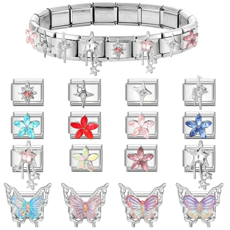 Zircon Italian Charm Links – Flower Butterfly Star Tassel, 16 Colors Italian Charm Links Qme