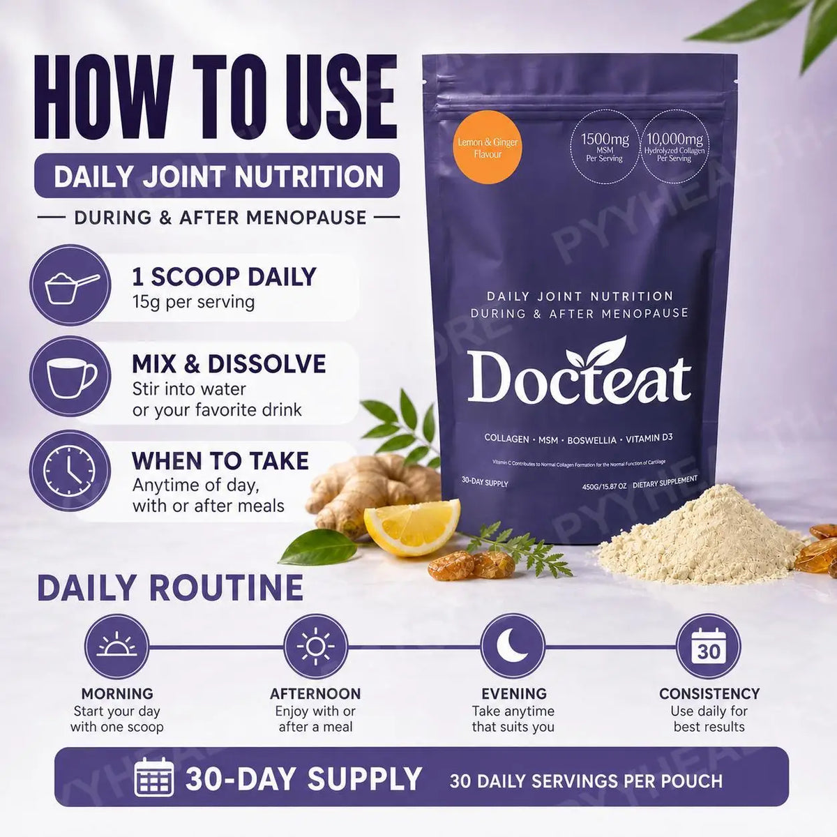 Docteat Collagen MSM Boswellia Vitamin D3 Powder | 30 Servings Collagen Supplement Powder Qst