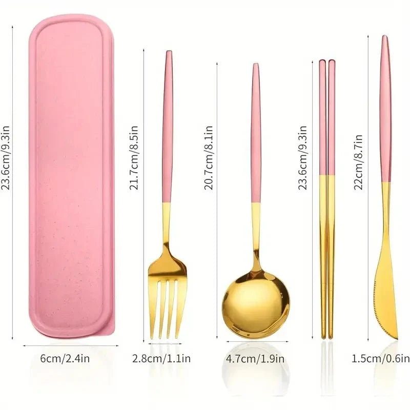 4-Piece Stainless Steel Cutlery Set with Portable Storage Box Portable Cutlery Set Qme Pink