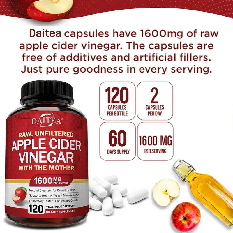 DAITEA Apple Cider Vinegar 1600mg Capsules with The Mother ACV Dietary Supplement Qst