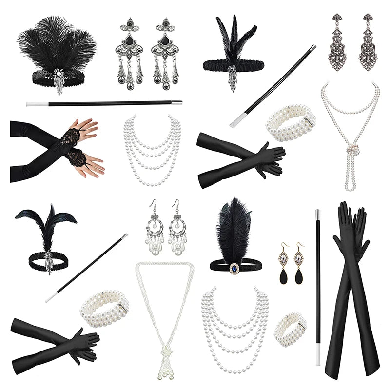1920s Flapper Costume Set – Headband, Pearl Necklace & Gloves Costume Accessory Set Qst
