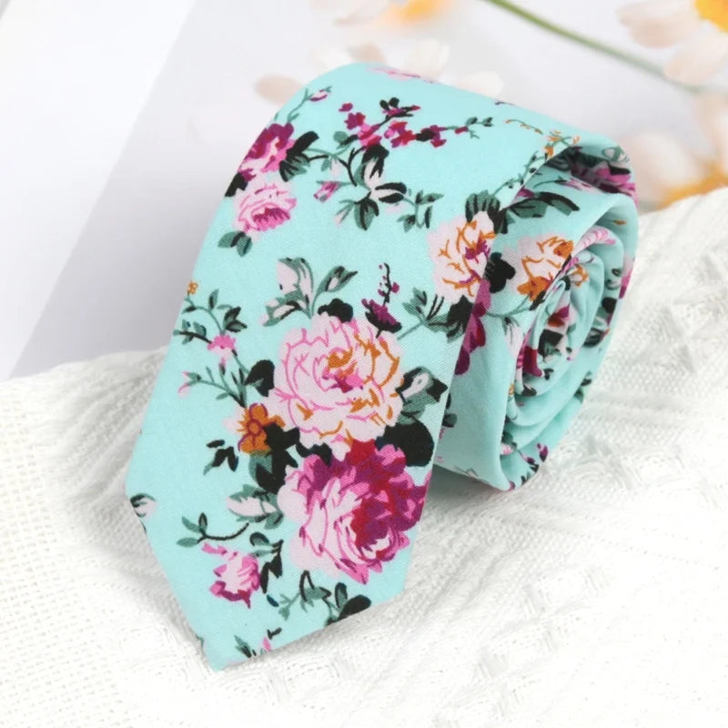 100% Cotton Floral Necktie – Elegant Flower Print, Men & Women Floral Cotton Necktie Qme Turquoise