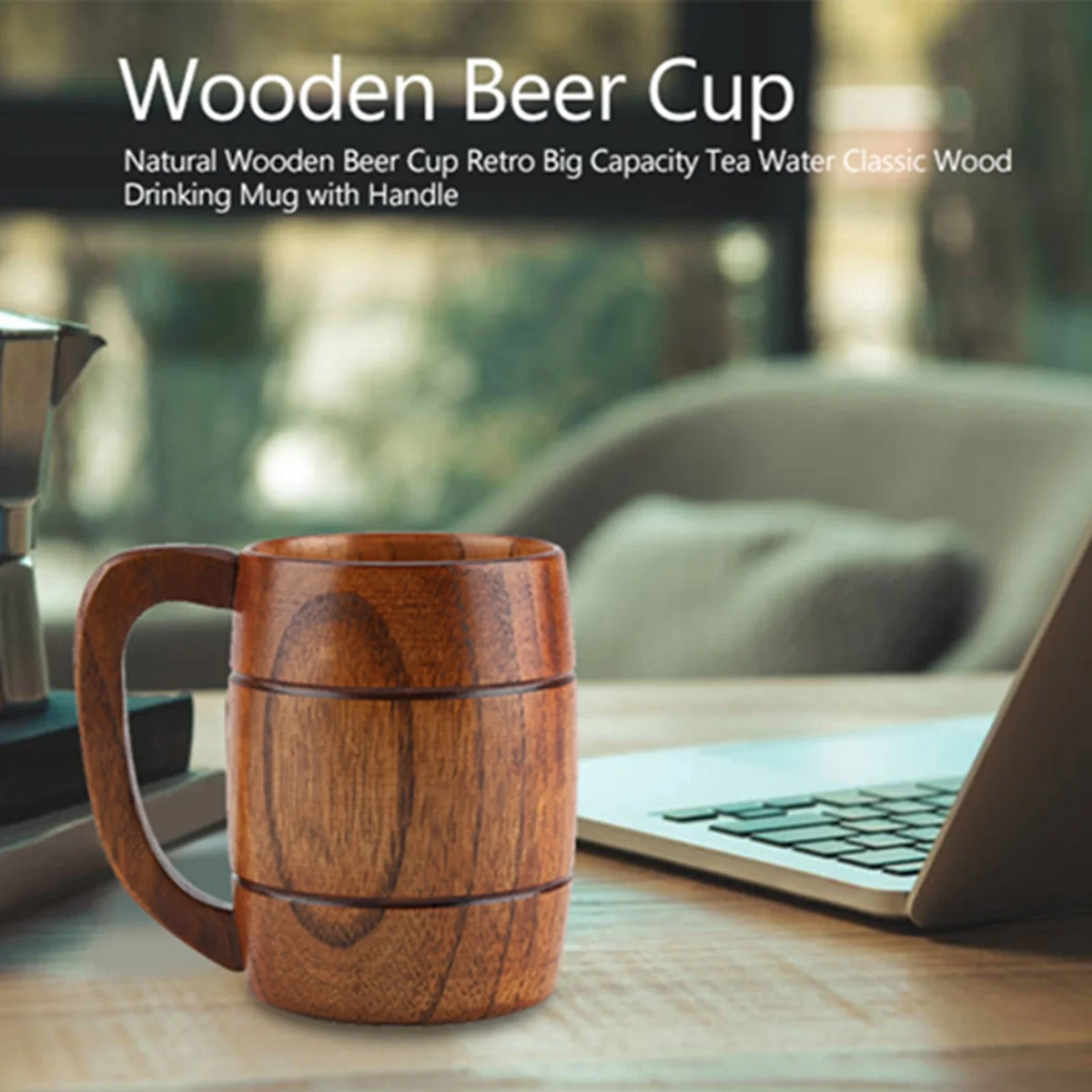 Natural Wooden Beer Mug with Handle – Retro 300ml Wood Cup Wooden Drinking Mug Qme