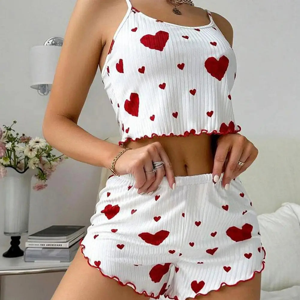 Women's Kawaii Pajama Set – Halter Crop Top & Shorts Pajama Set Qme Red S