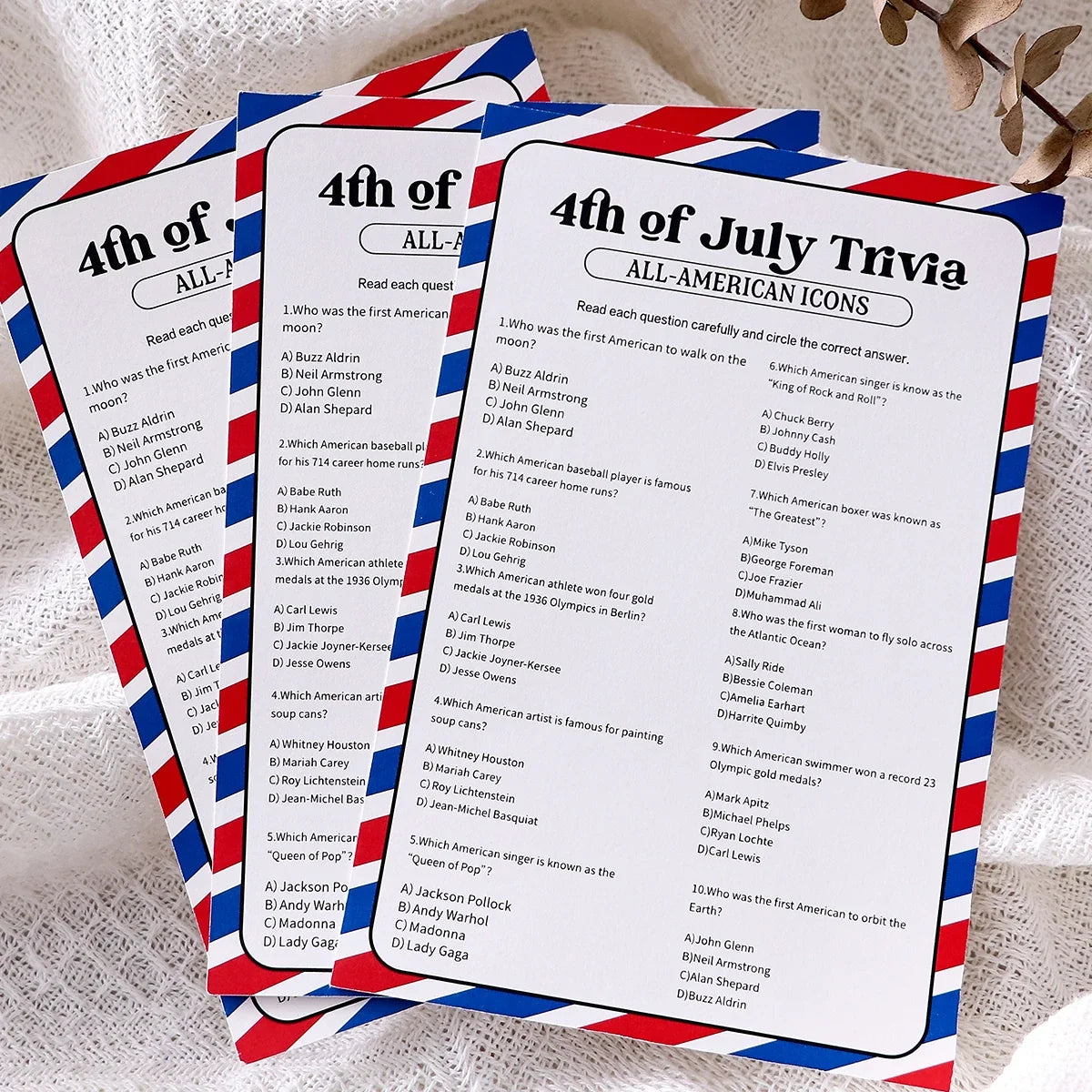 5-Pack Red & Blue Striped Independence Day Game Cards Party Game Cards Qme