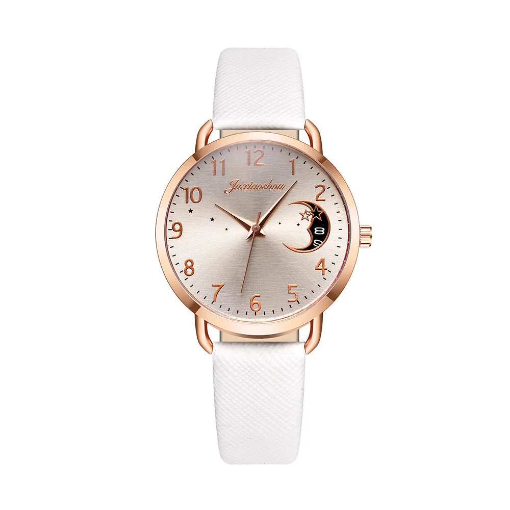 Women's Moon Phase Quartz Watch | Leather Strap Digital Dial Women's Fashion Watch Qme