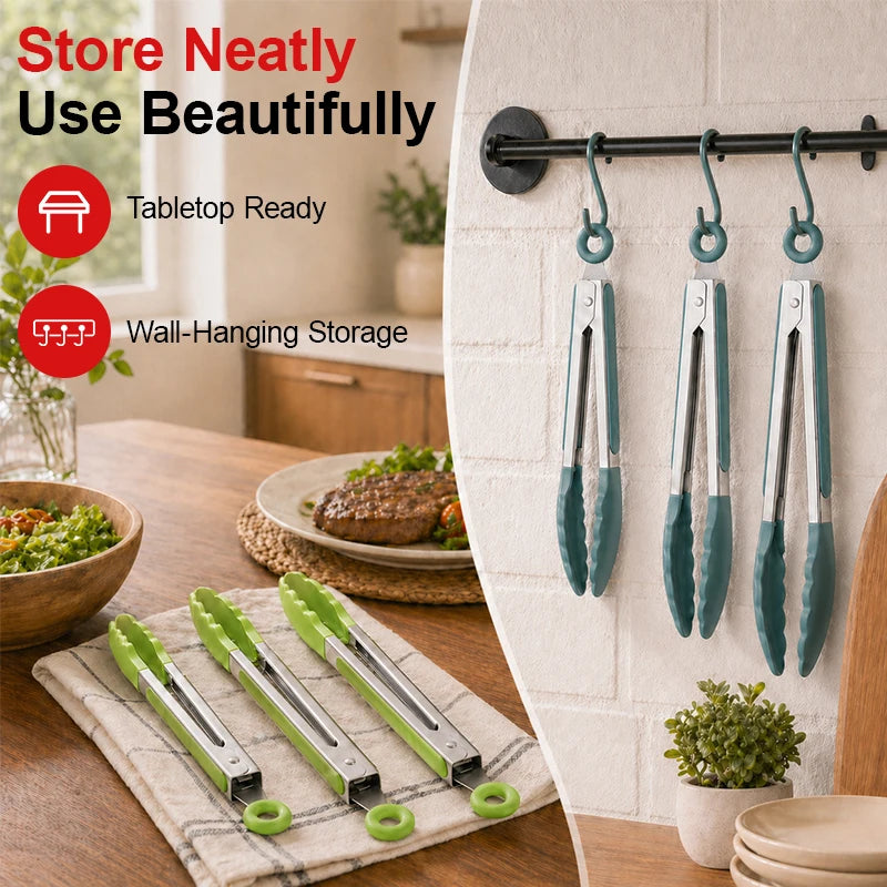 Silicone Tip Kitchen Tongs Set 7/9/12 Inch – BBQ & Cooking Kitchen Tongs Set Qst