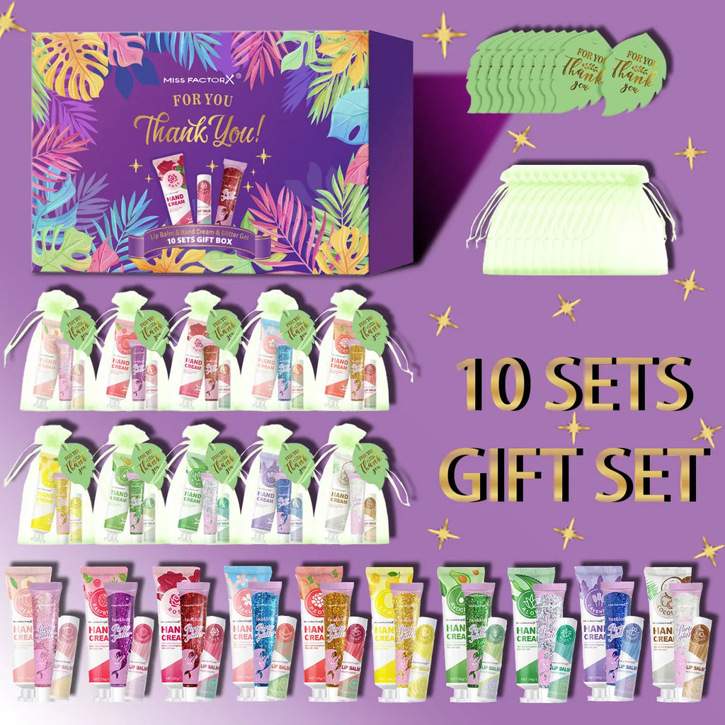Women's 10-Set Gift Box: Hand Cream, Lipstick & Glitter Bag Beauty Gift Set Qme