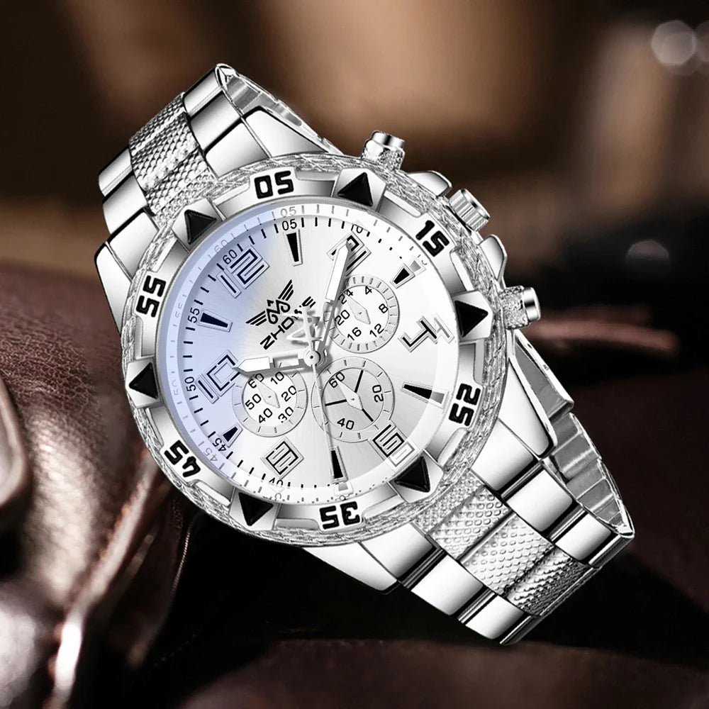 Men's Silver Quartz Watch & Bracelet Set | Mixed-Scale Dial Quartz Watch Set Qme