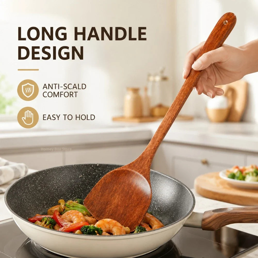 Wooden Spatula Set – Long Handle Non-Scratch Kitchen Tool Wooden Spatula Set Qme