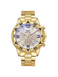 Men's Large Dial Gold Quartz Watch | Blue Light Steel Strap Men's Quartz Watch Qme Rose